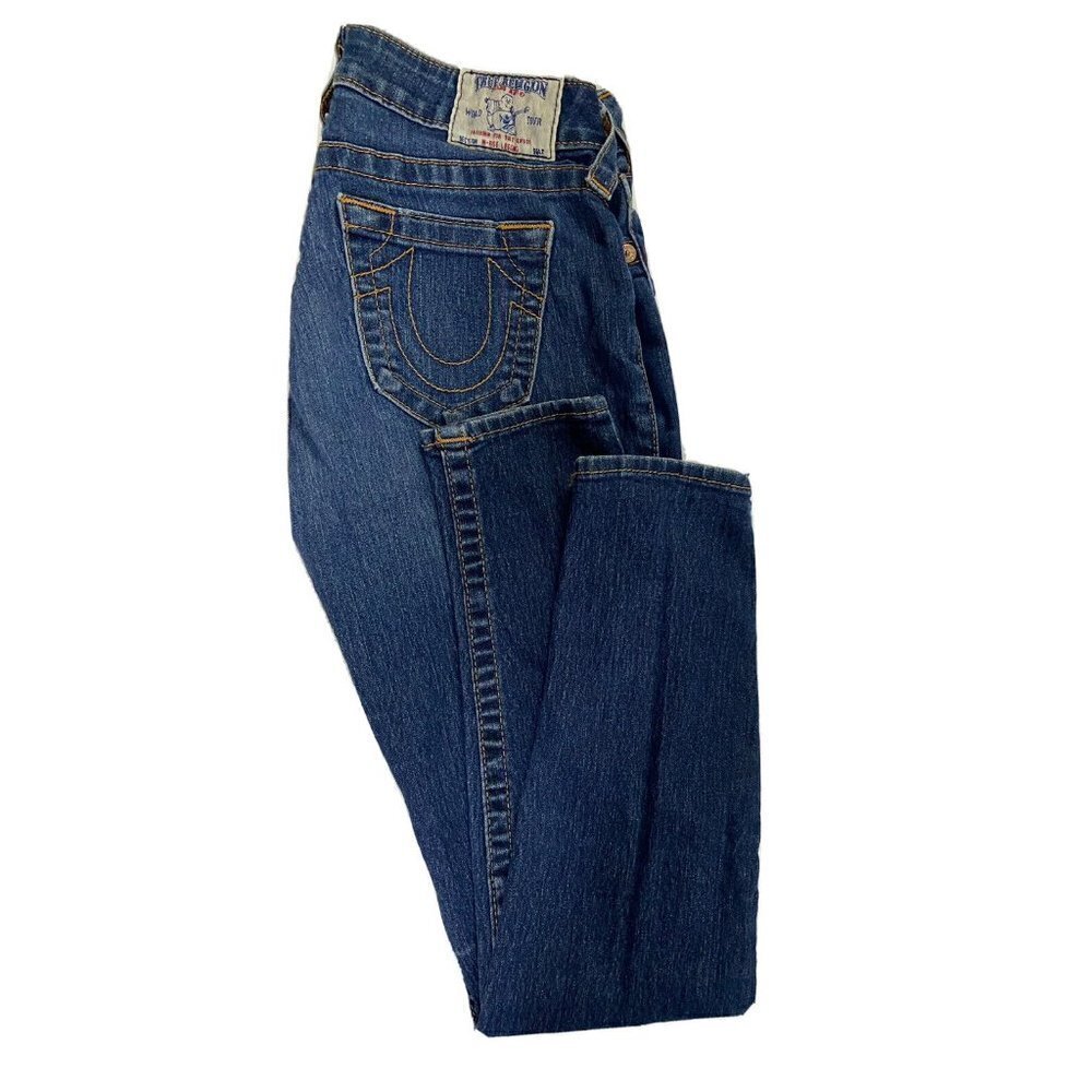 True Religion Woman 26X30 Hi-Rise Legging Blue Denim Jeans Orange Stitch